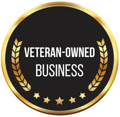 A veteran owned business badge with a laurel wreath and stars.