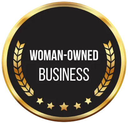 A woman owned business logo on a white background