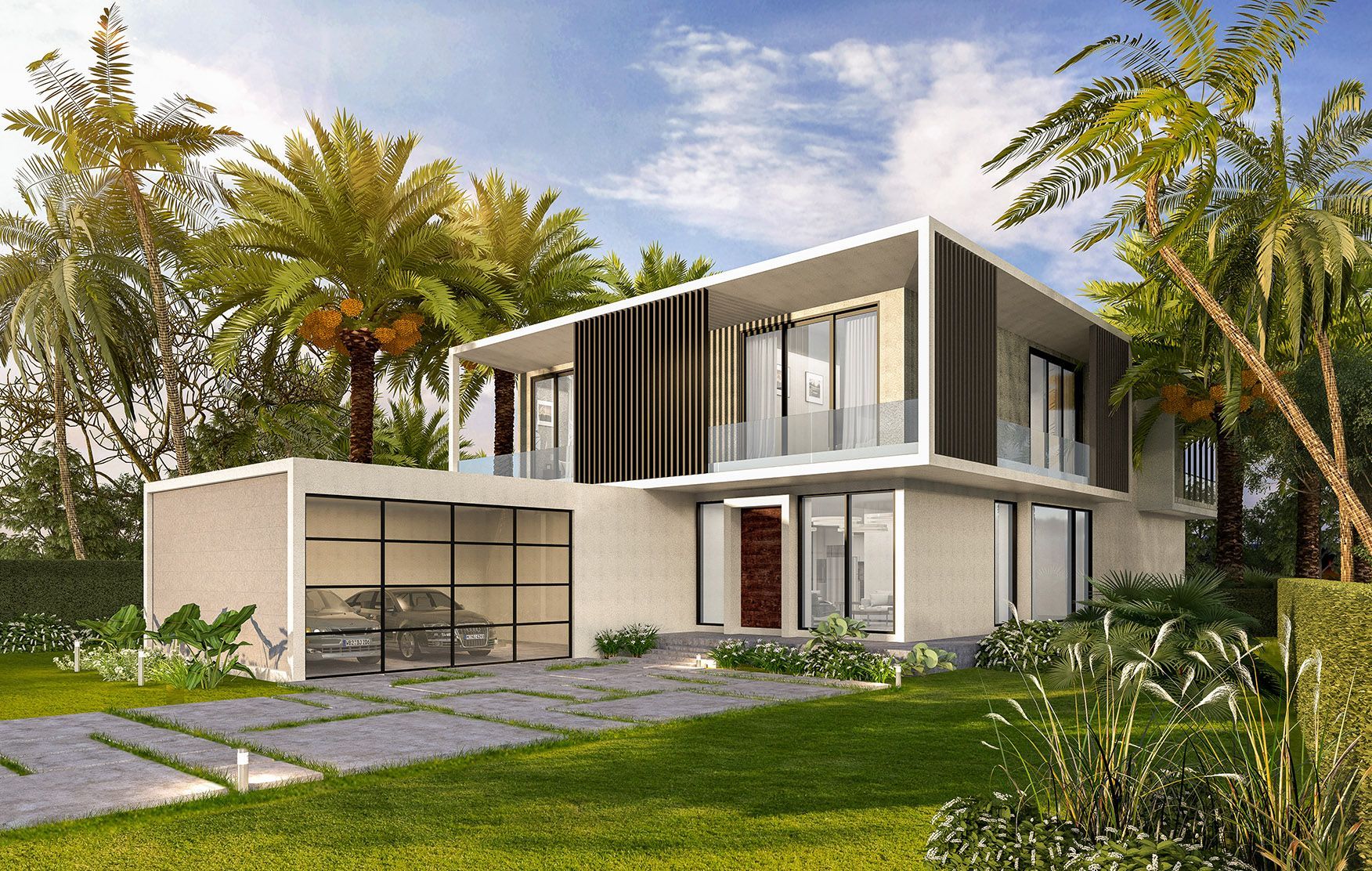 Modern two-story house with a flat roof, large windows, a carport, and lush green landscaping.