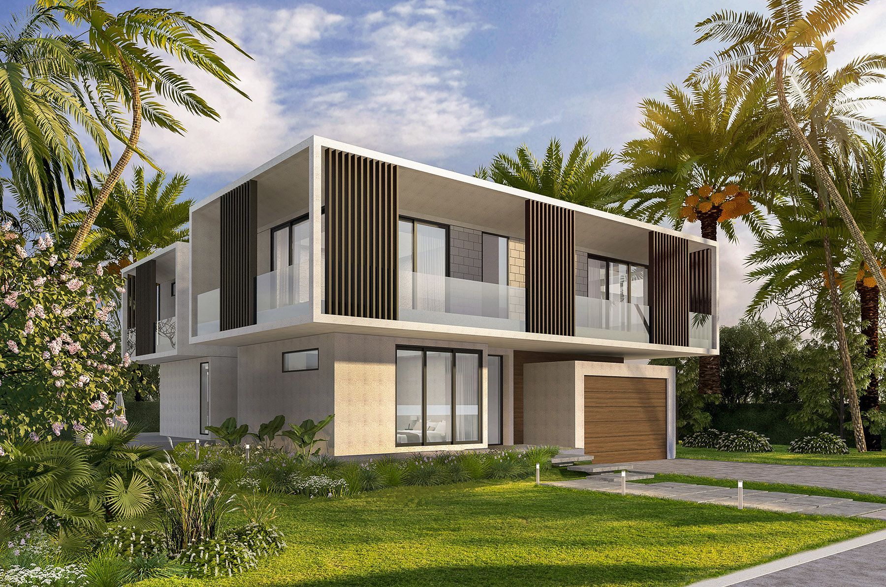 An artist 's impression of a modern house surrounded by palm trees.