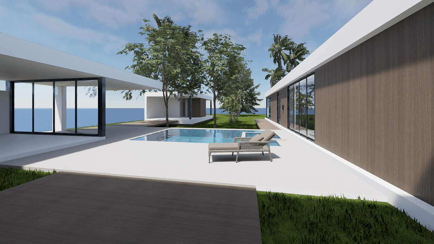 Modern beachfront property with pool, deck chairs, and ocean view; sunny day.