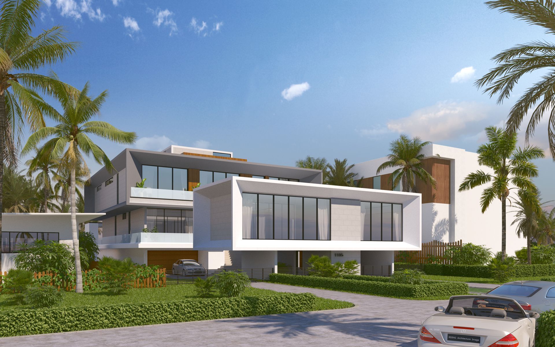 An artist 's impression of a modern house with a car parked in front of it.