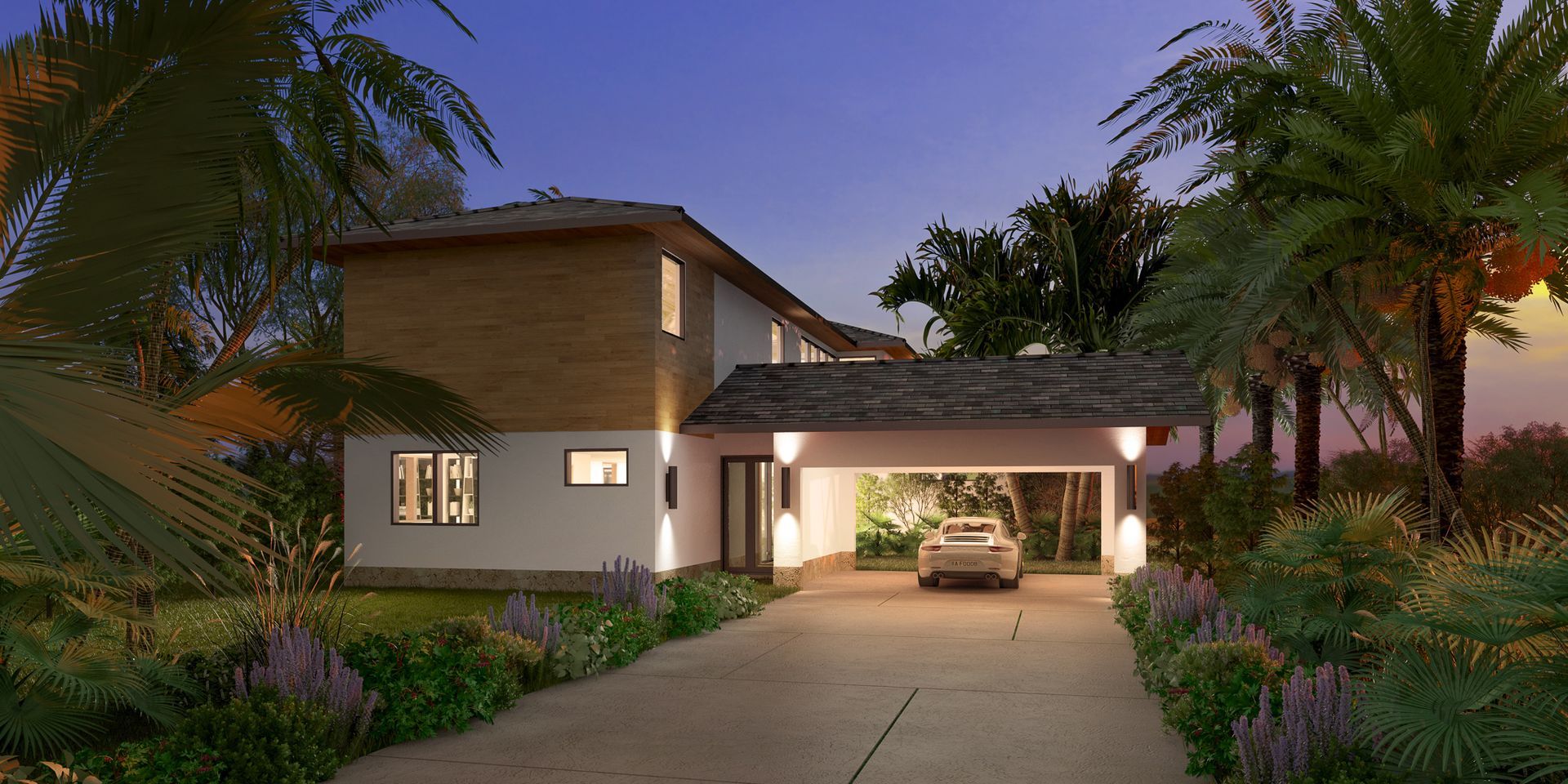 Exterior view of a house at dusk with a covered parking area and driveway lined with plants.