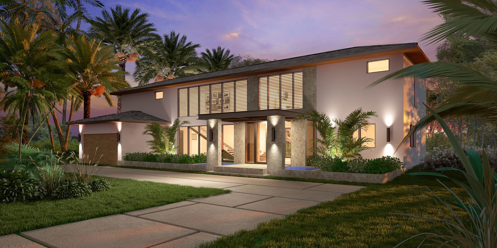 Modern white house with stone accents, palm trees, and a paved driveway at dusk.