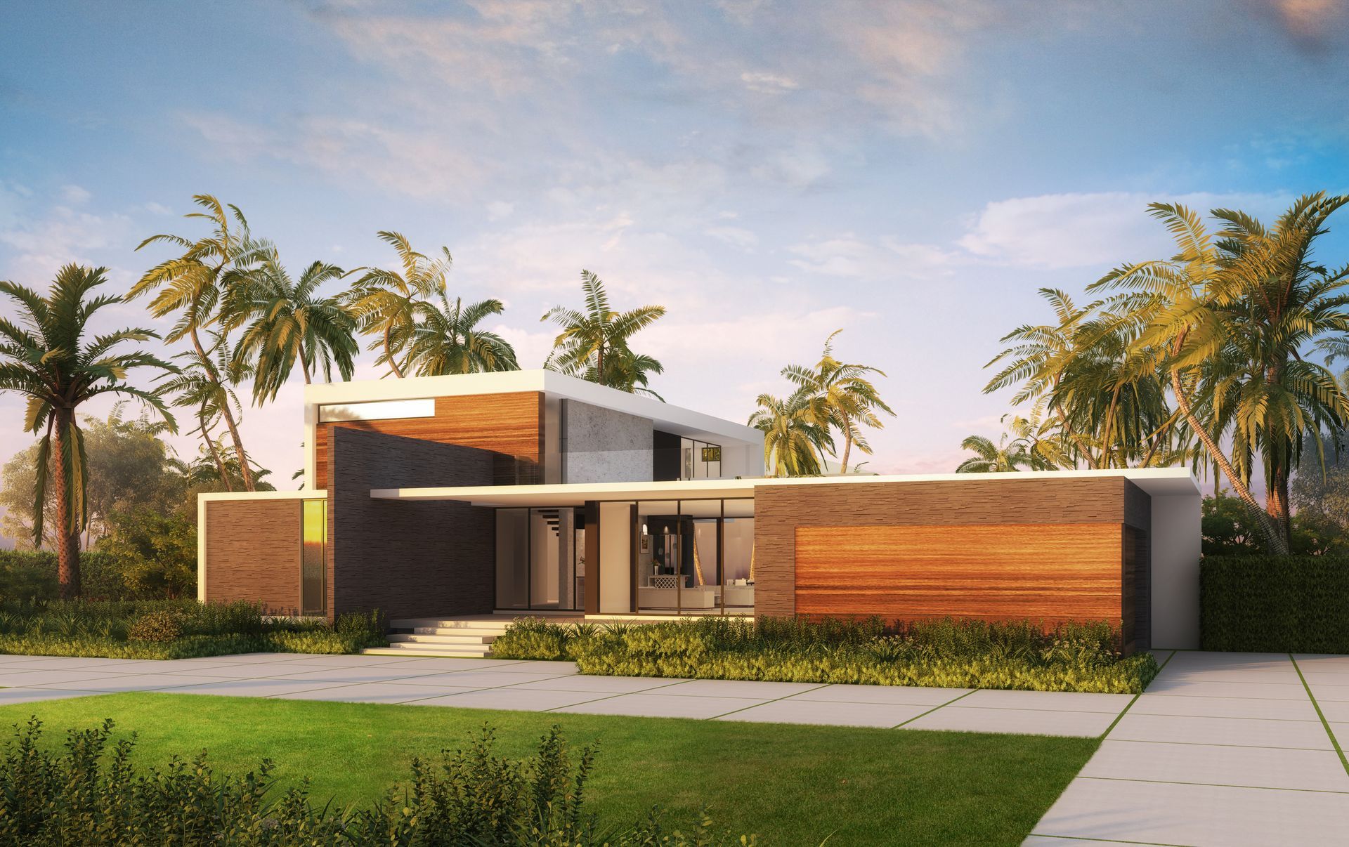 An artist 's impression of a modern house with palm trees in the background