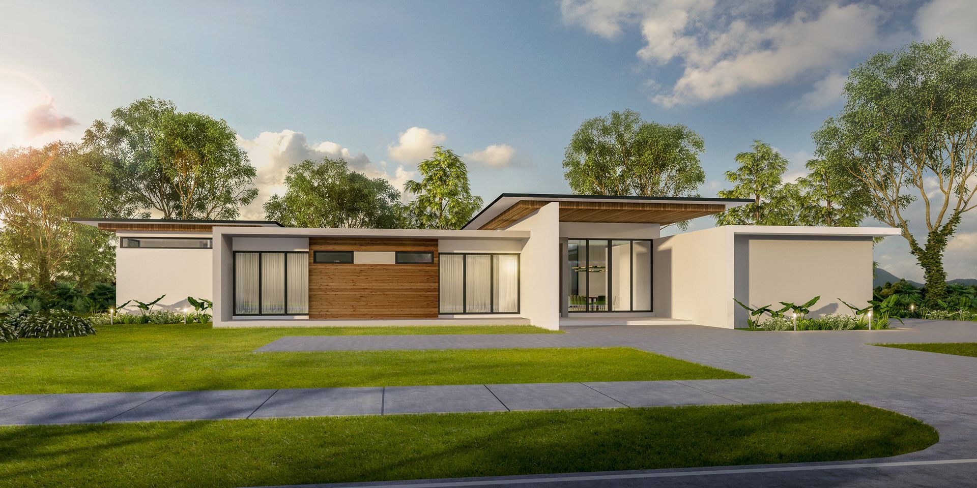 Modern, single-story house with a wooden facade, white walls, and a flat roof, set on a green lawn with a driveway.
