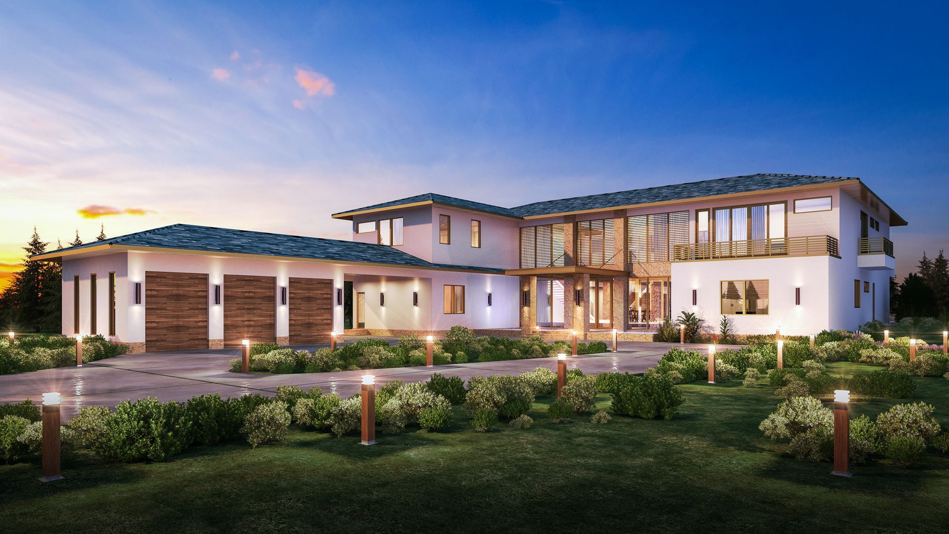 Luxury modern house with stone facade, wooden accents, and a landscaped yard at dusk.