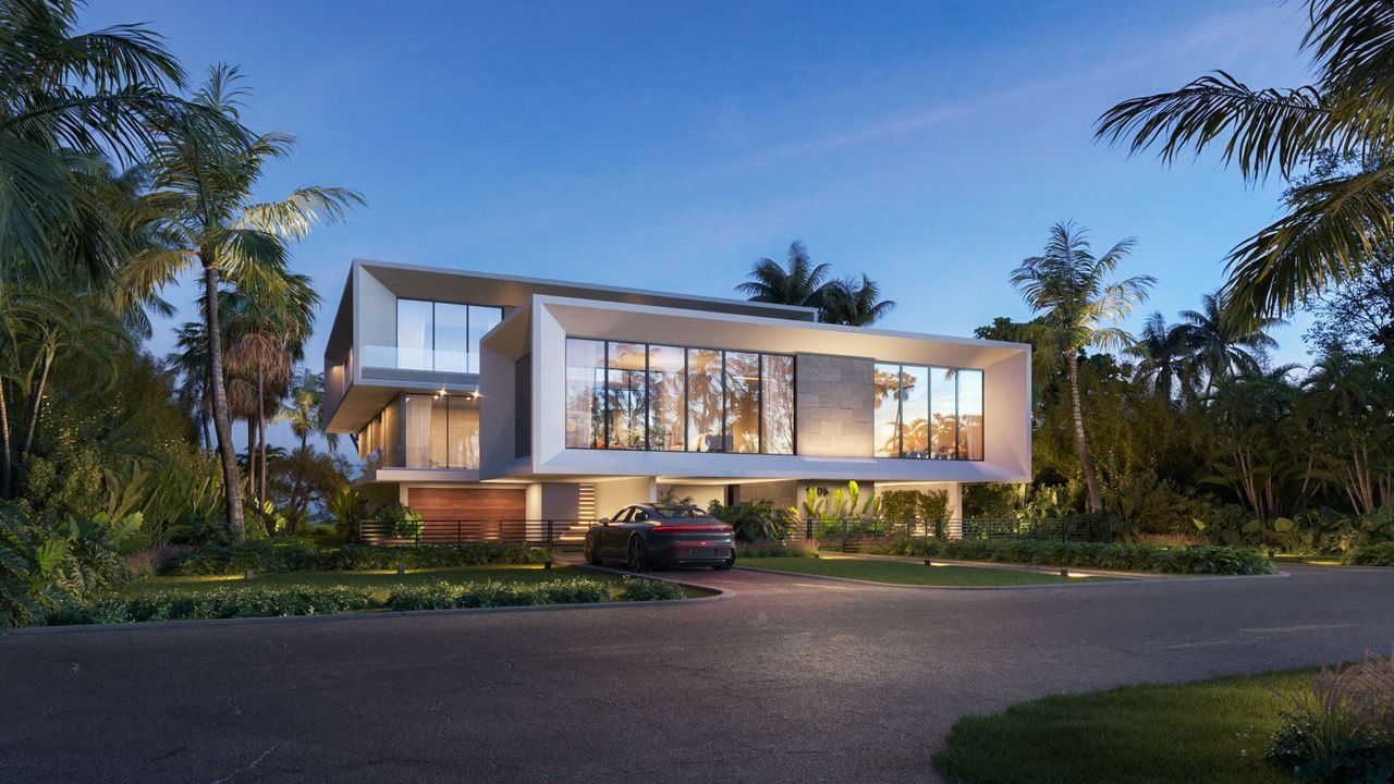 Modern, two-story house with large windows, set amidst trees, illuminated at dusk. A car is parked in the driveway.