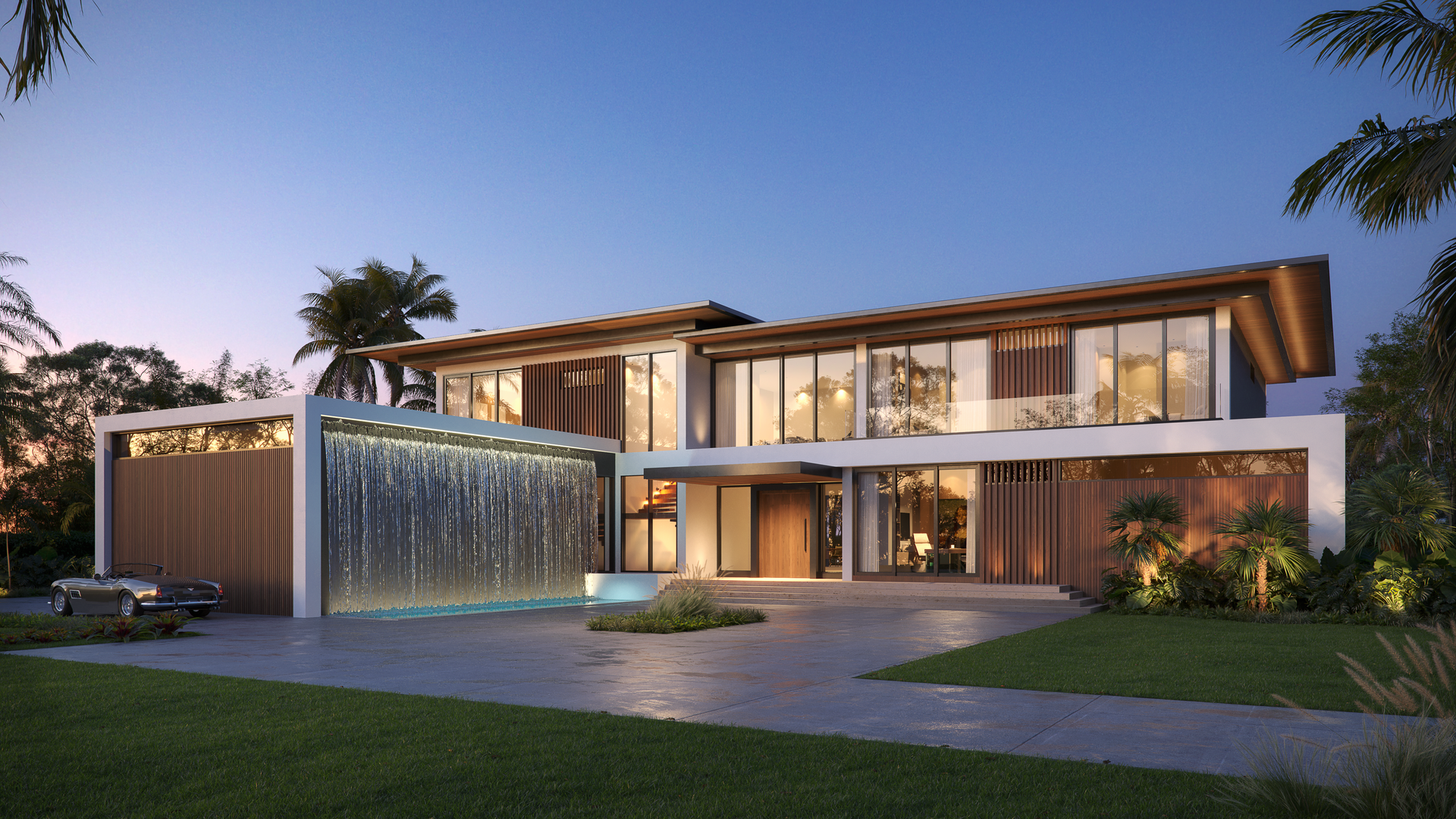 An artist 's impression of a modern house with a waterfall in the driveway