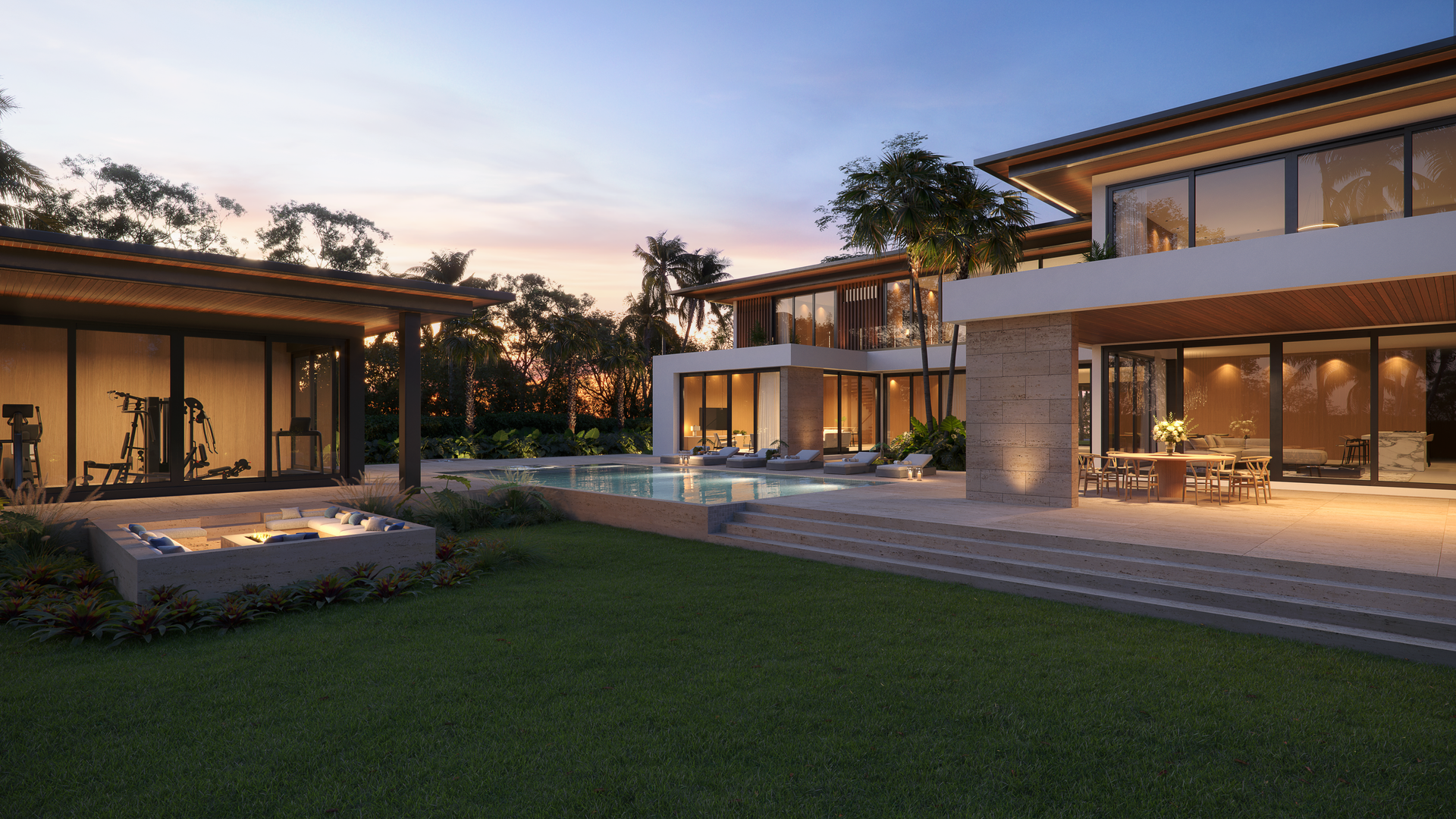 A large house with a swimming pool and a gym in the backyard.