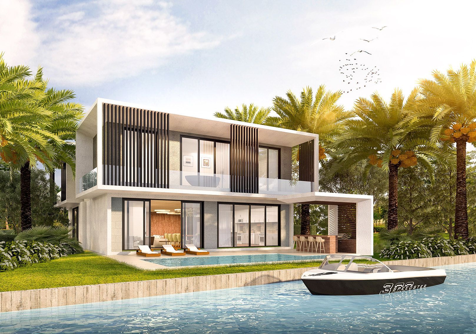 Modern two-story waterfront home with pool, boat, and surrounding palm trees on a sunny day.
