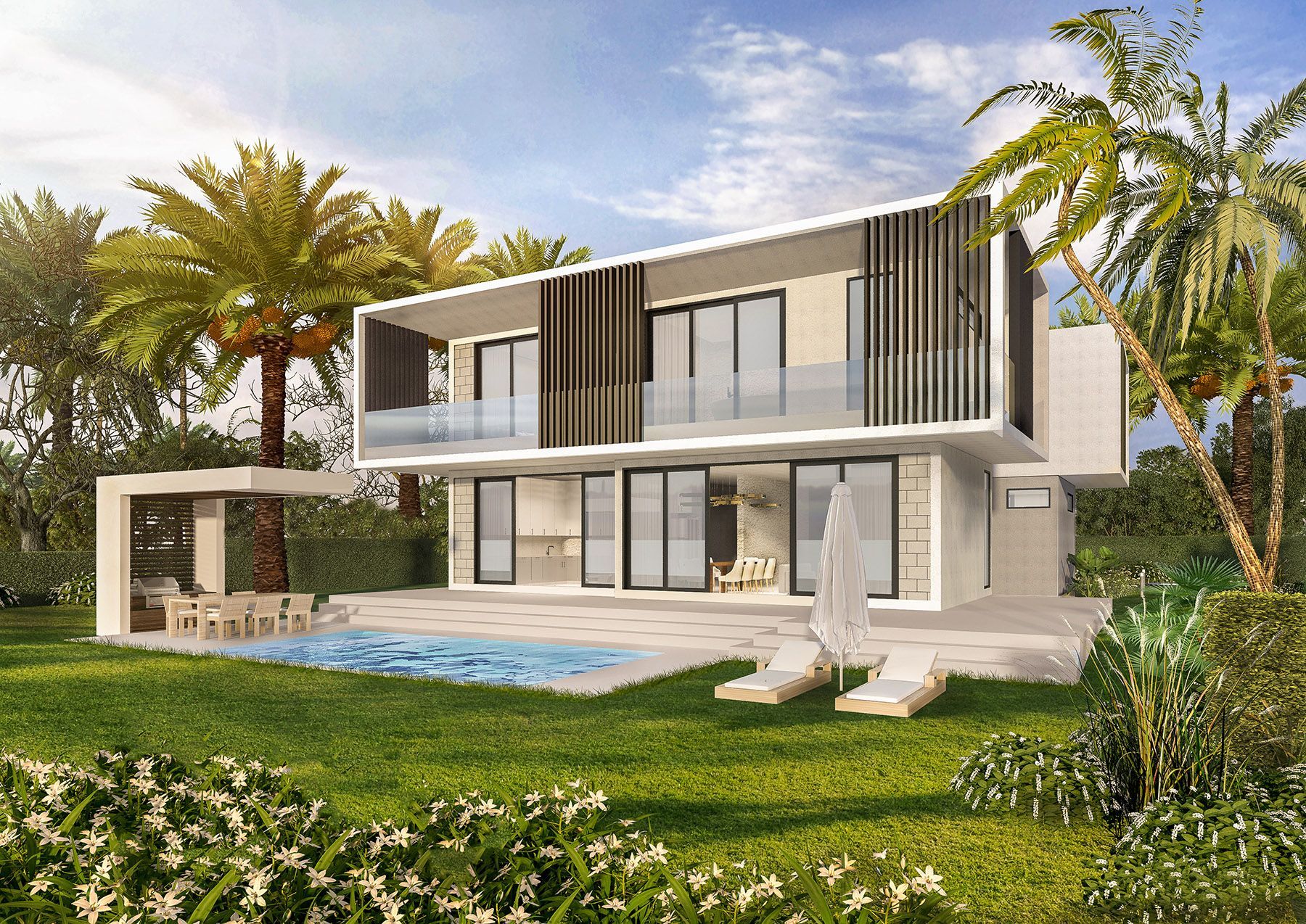 An artist 's impression of a modern house with a swimming pool