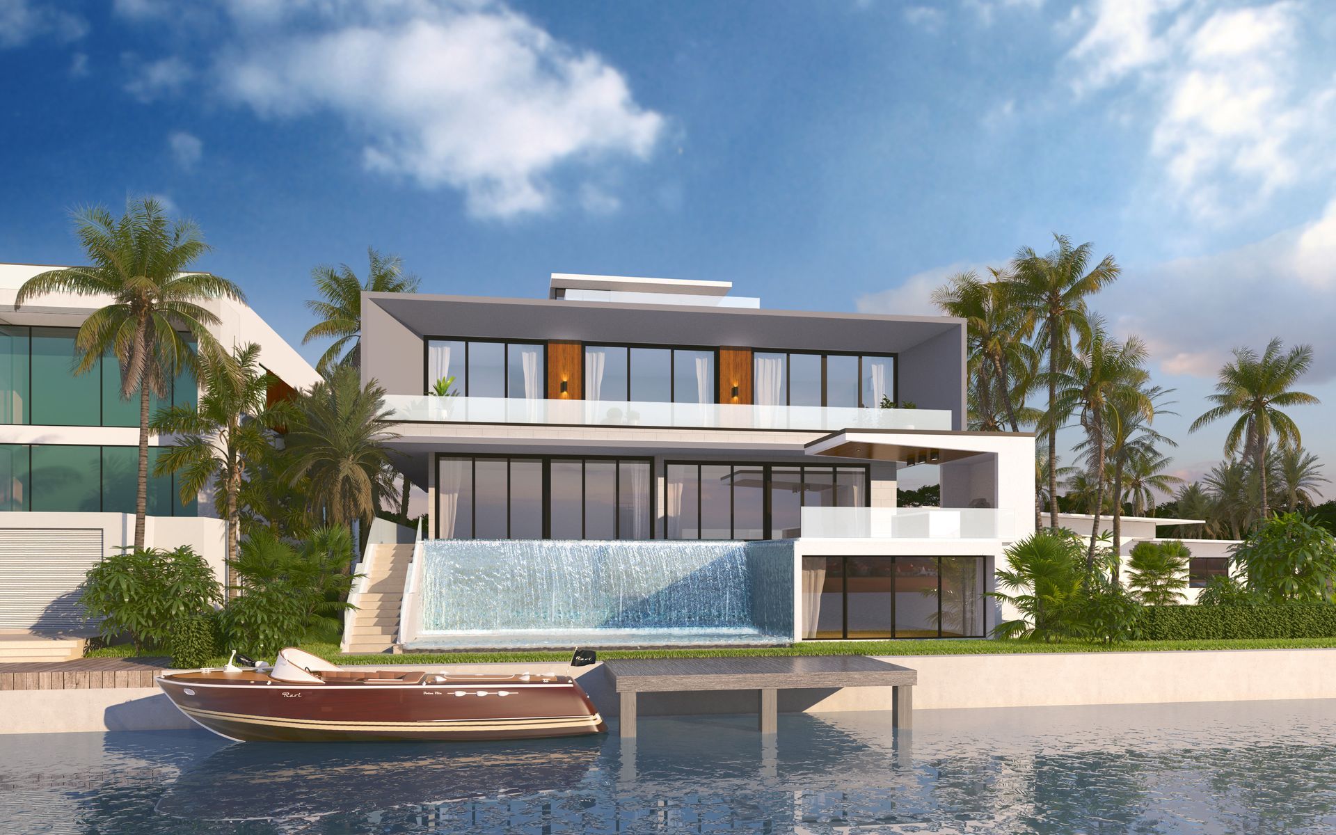 An artist 's impression of a large house with a boat docked in front of it.