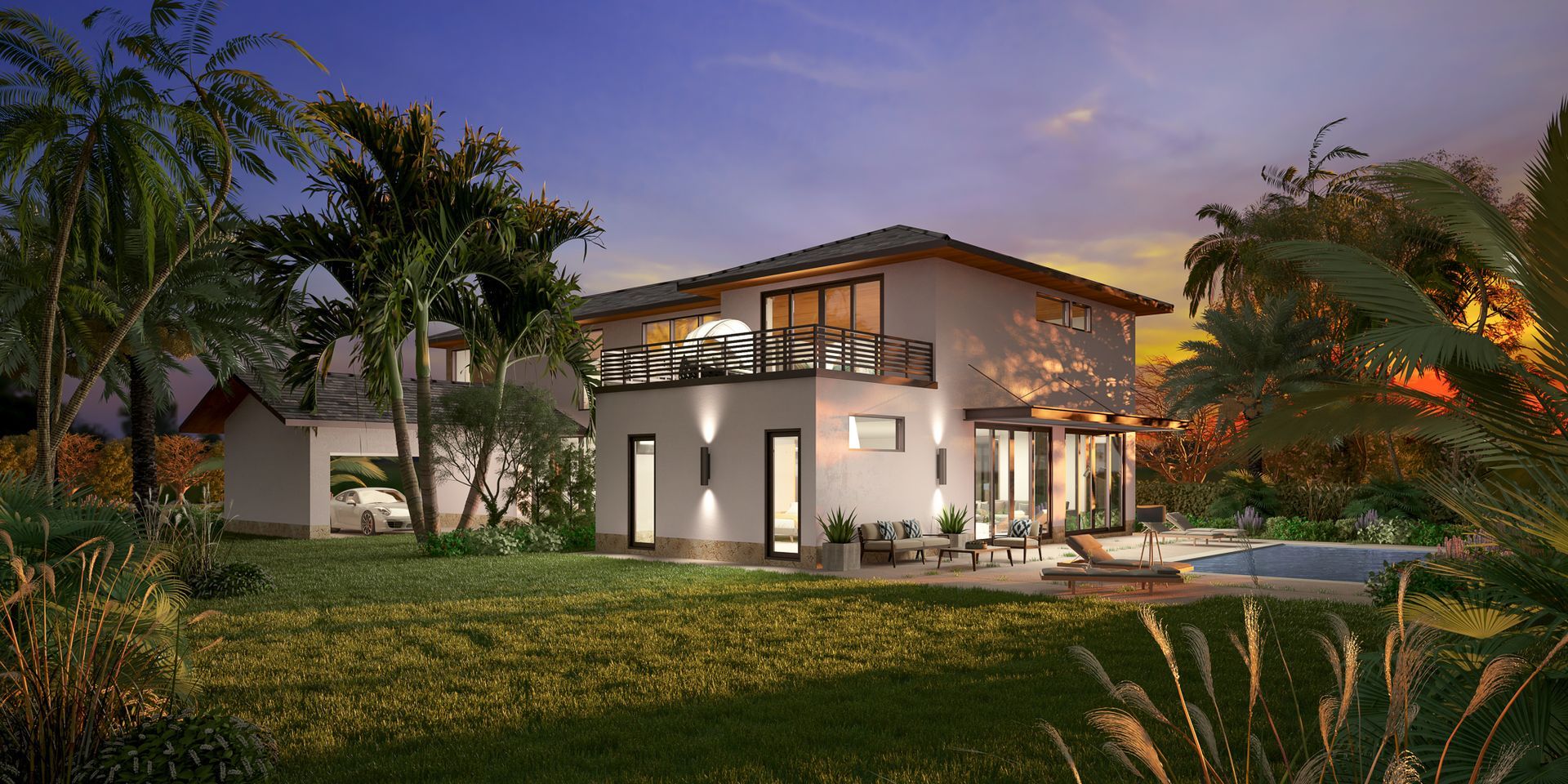 A two-story home with a yard, surrounded by trees. The sky is dusk.