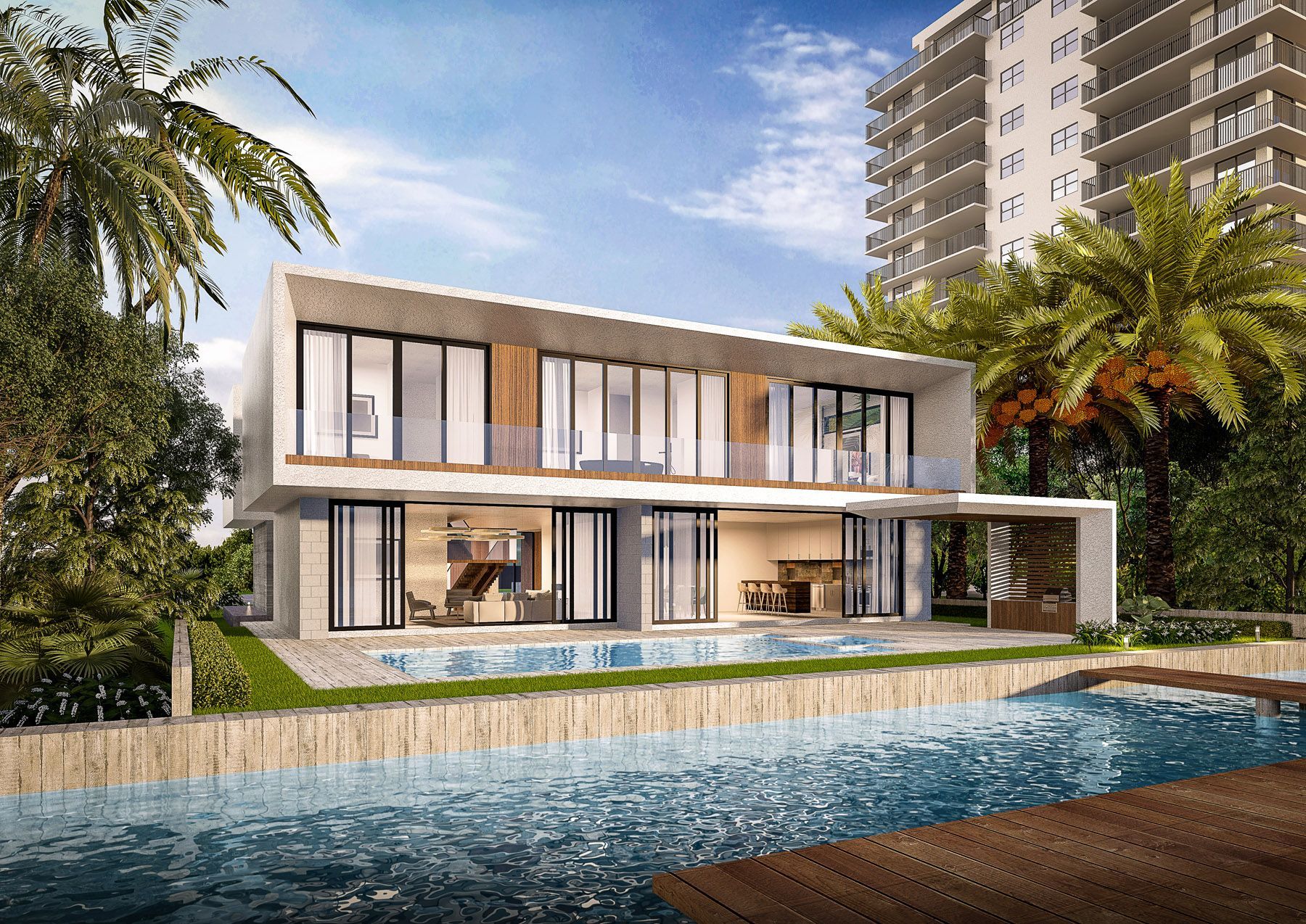 An artist 's impression of a modern house with a swimming pool
