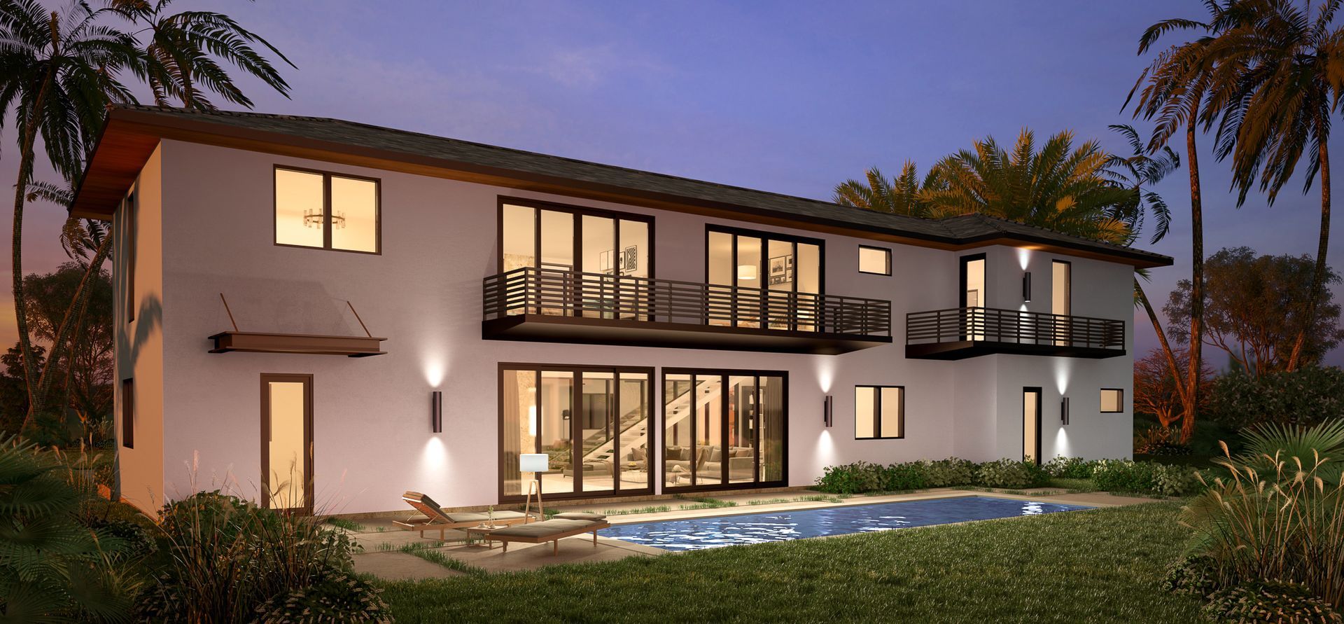Back view of a modern two-story house with a pool in a tropical setting at dusk.