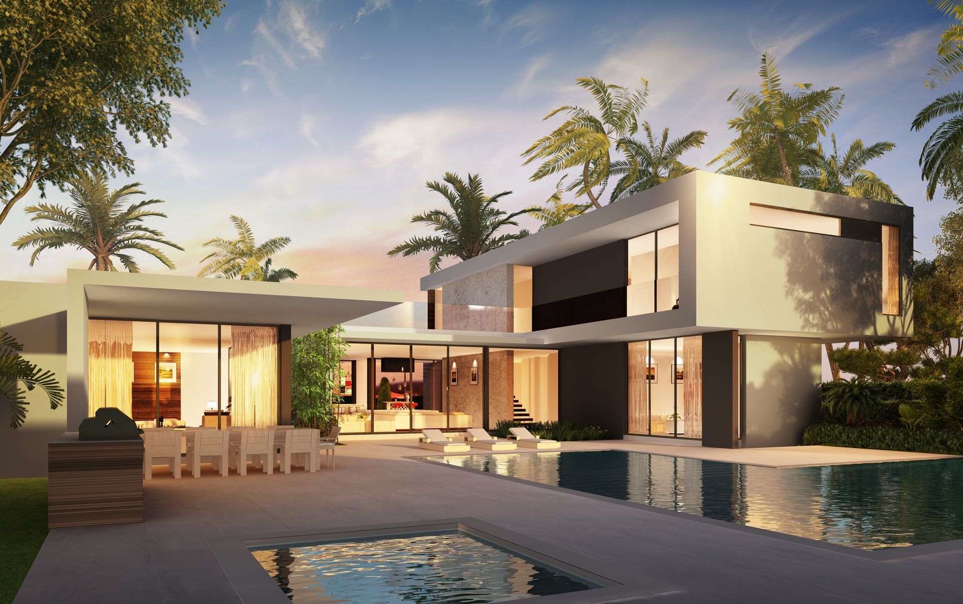 An artist 's impression of a modern house with a swimming pool