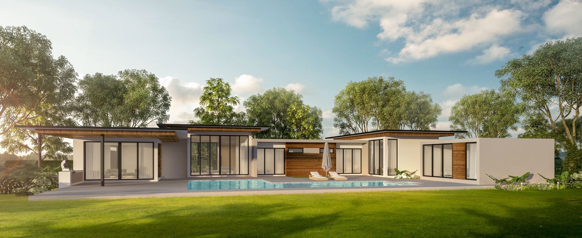 Modern house with pool, surrounded by trees and a grassy lawn, under a bright, cloudy sky.