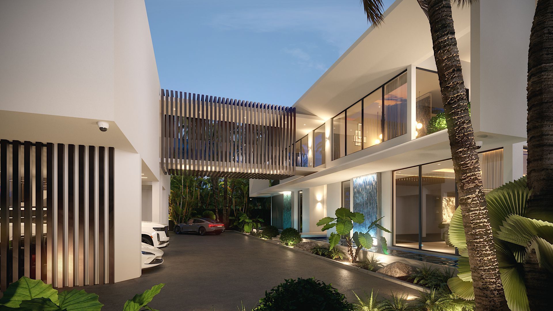 An artist 's impression of a modern house with a car parked in front of it