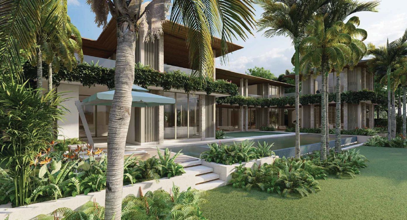 Luxurious tropical mansion with pool and palm trees.