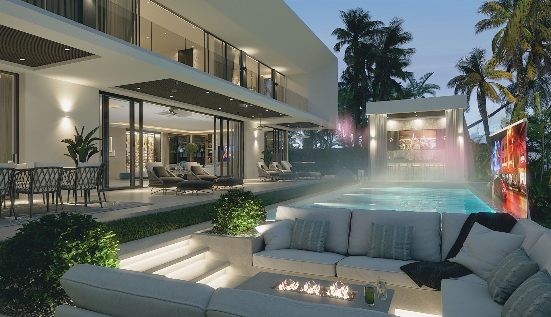 An artist 's impression of a modern house with a swimming pool