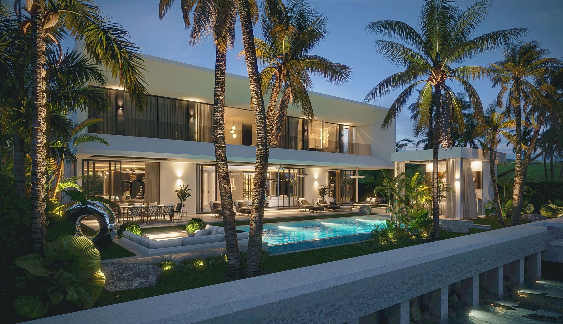 A large house with a swimming pool and palm trees in front of it.
