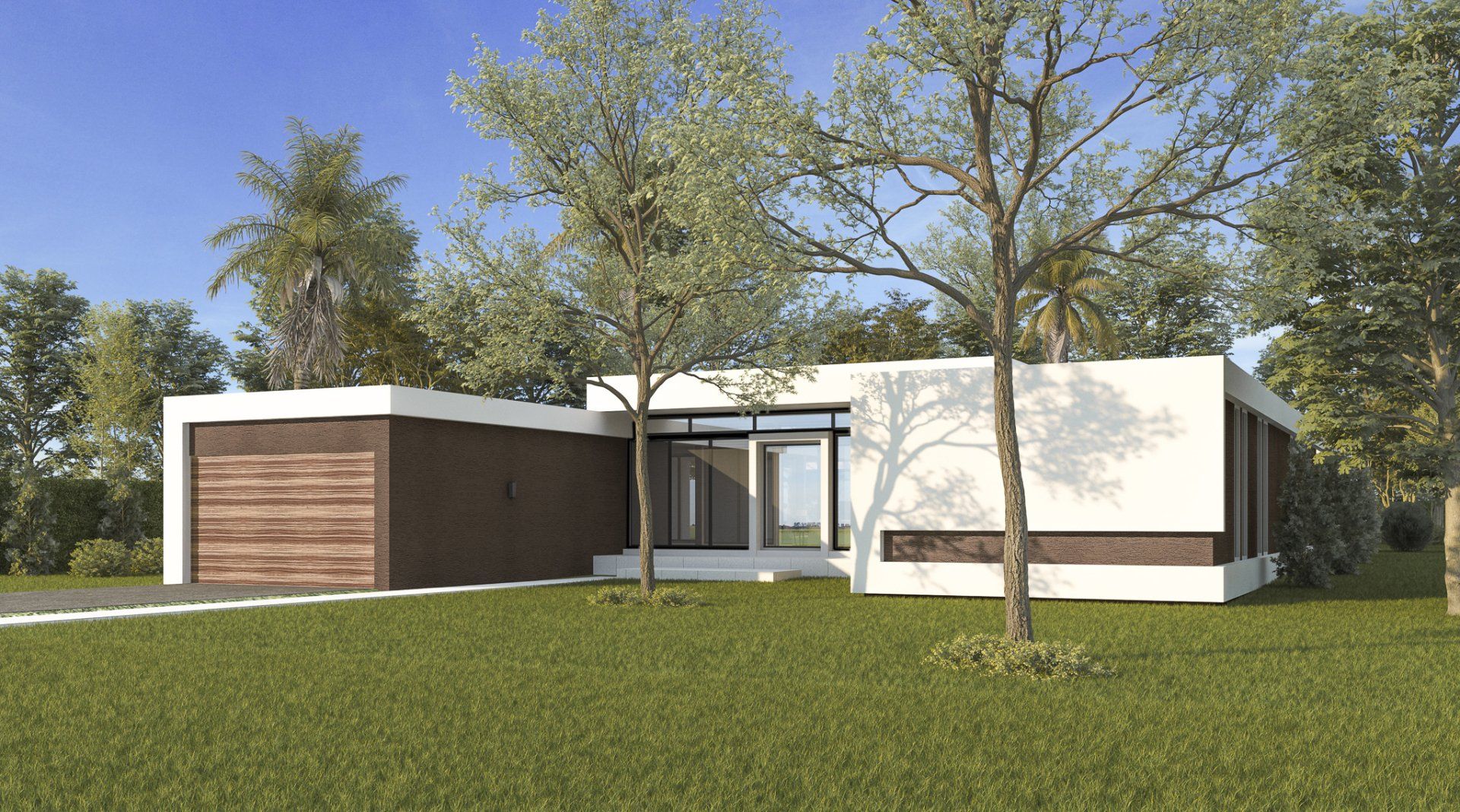 Modern one-story house with a wooden garage door and glass front doors. Lush green grass and trees surround it.
