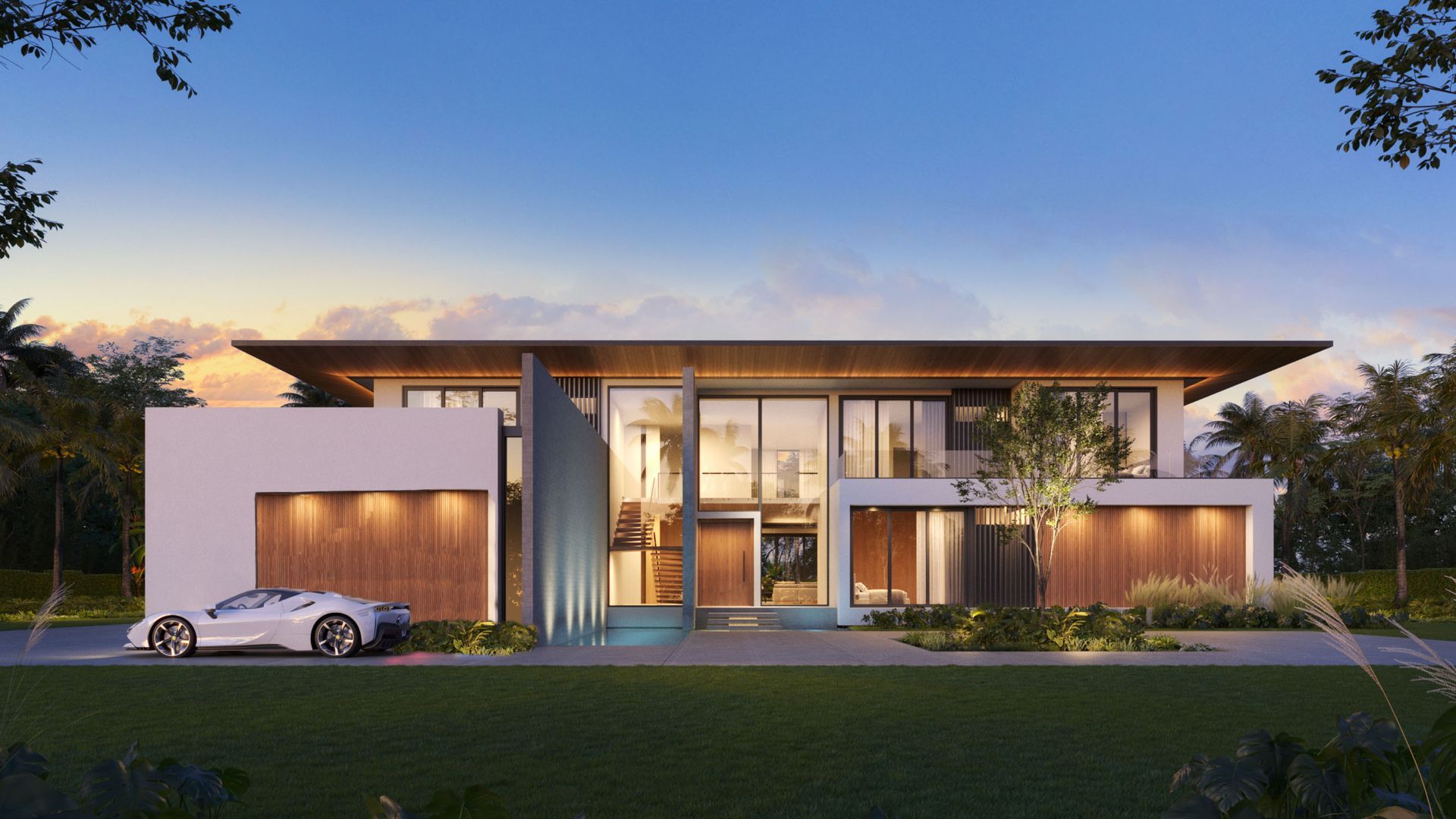 Modern home with glass walls, wooden accents, and a white sports car in the driveway.