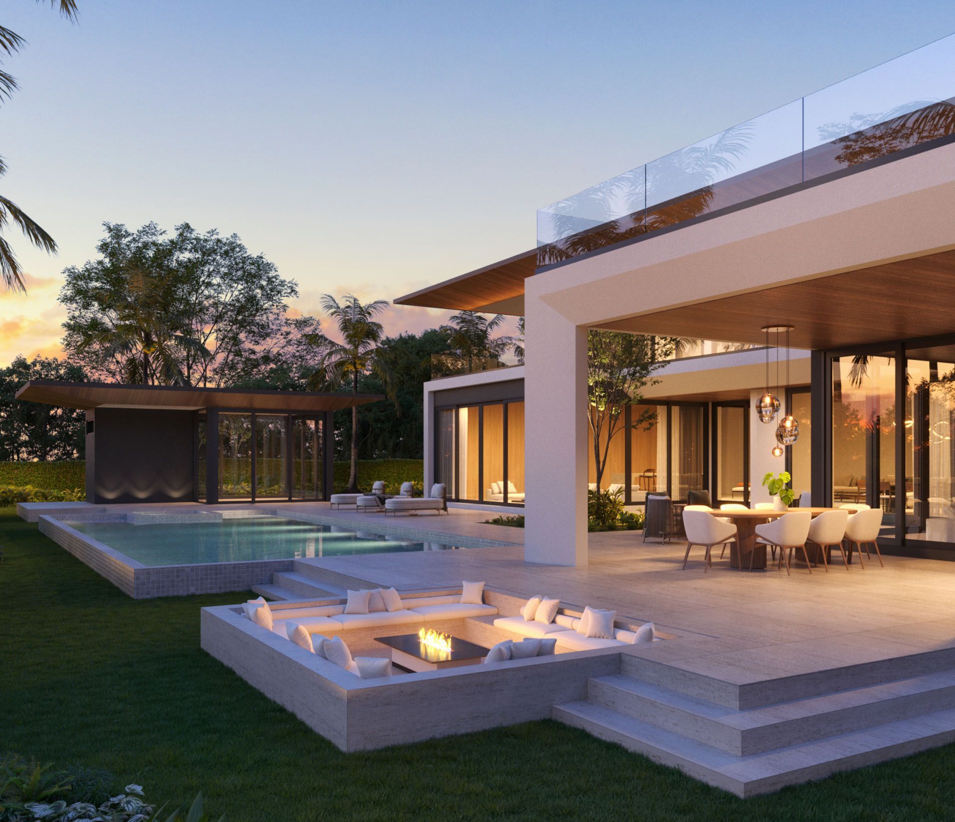 Luxury home exterior with pool, fire pit, and outdoor dining area. Evening lighting.