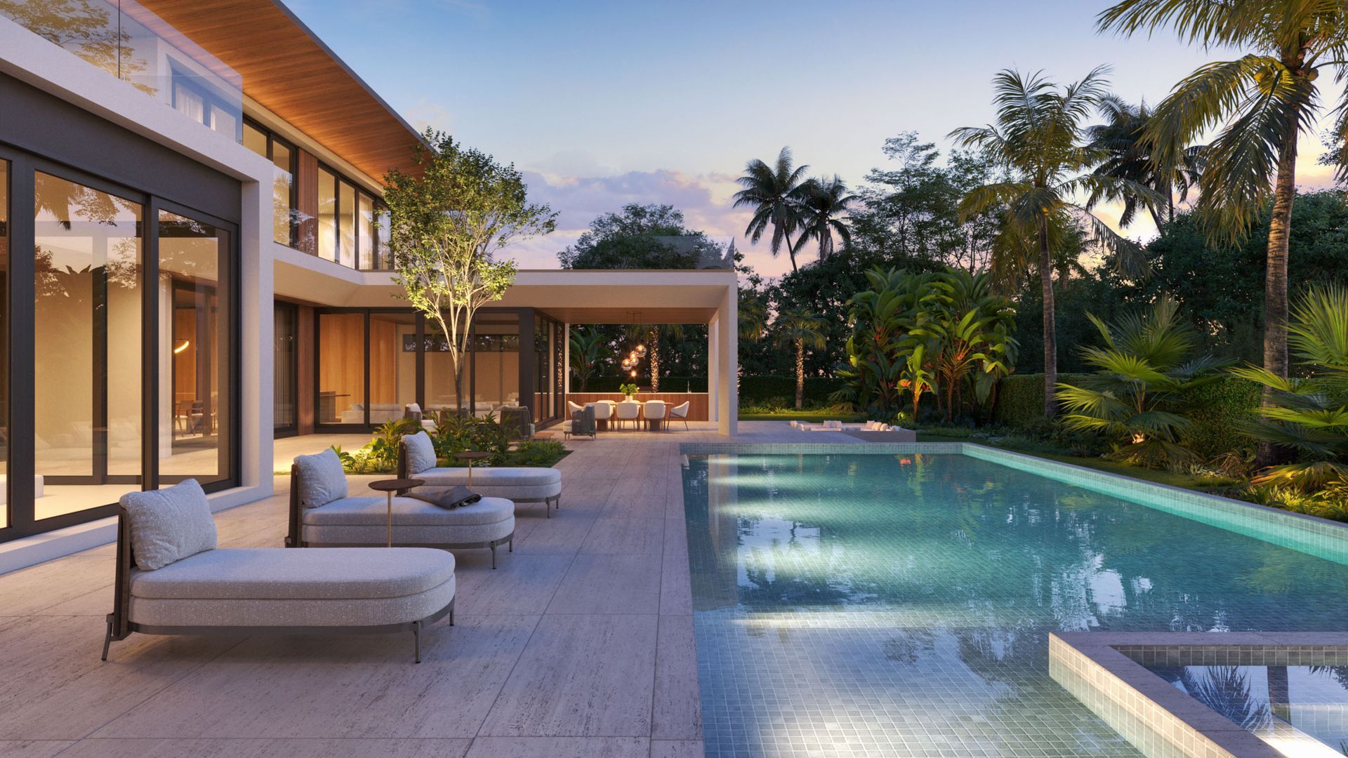 Modern home exterior with pool and lounge chairs at dusk.