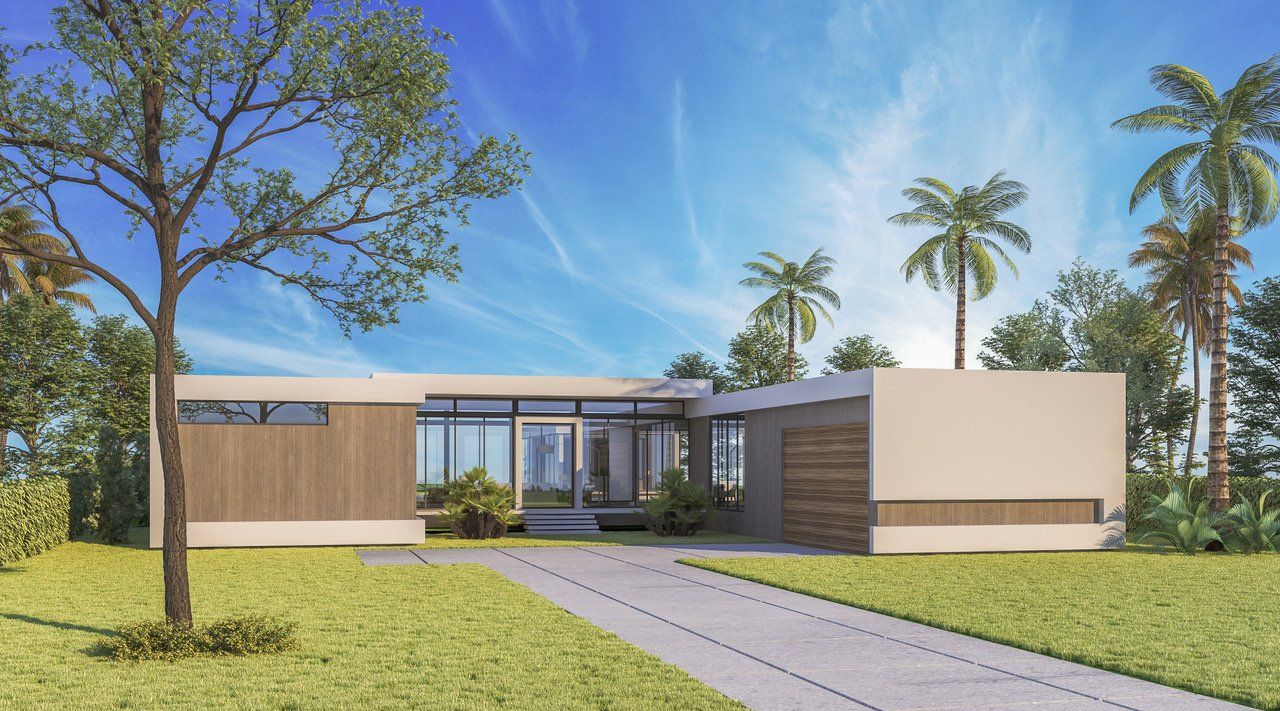 Modern, beige home with wood accents, driveway, and palm trees under a blue sky.