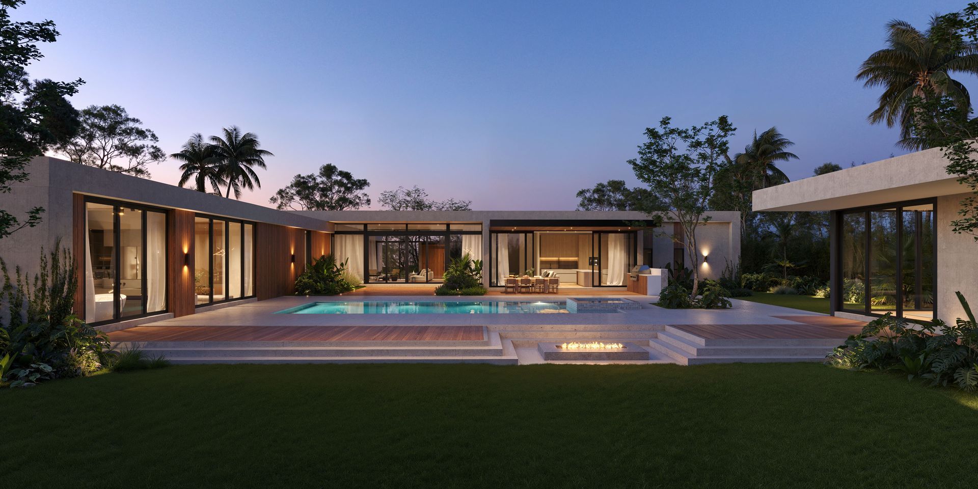 Modern home exterior with a pool, palm trees, and dusk sky.