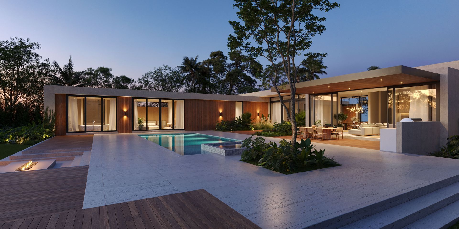 Modern house with pool and deck, twilight setting, surrounded by trees.