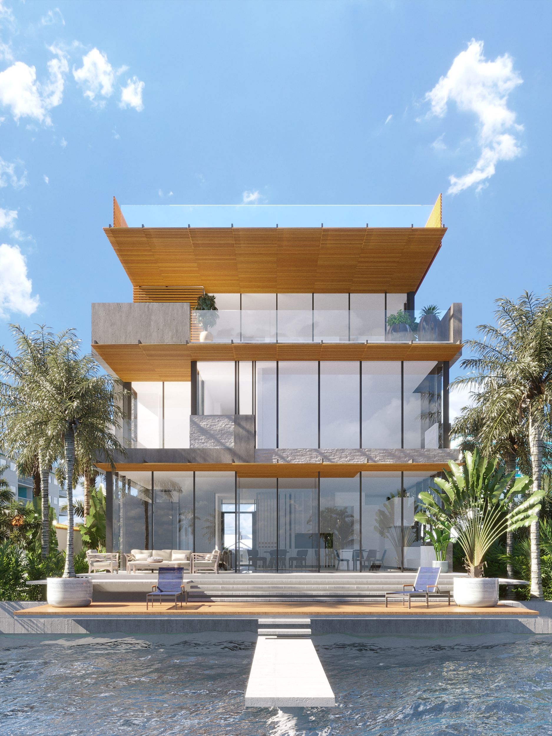 Modern multi-story house with glass walls and a pool on a sunny day.