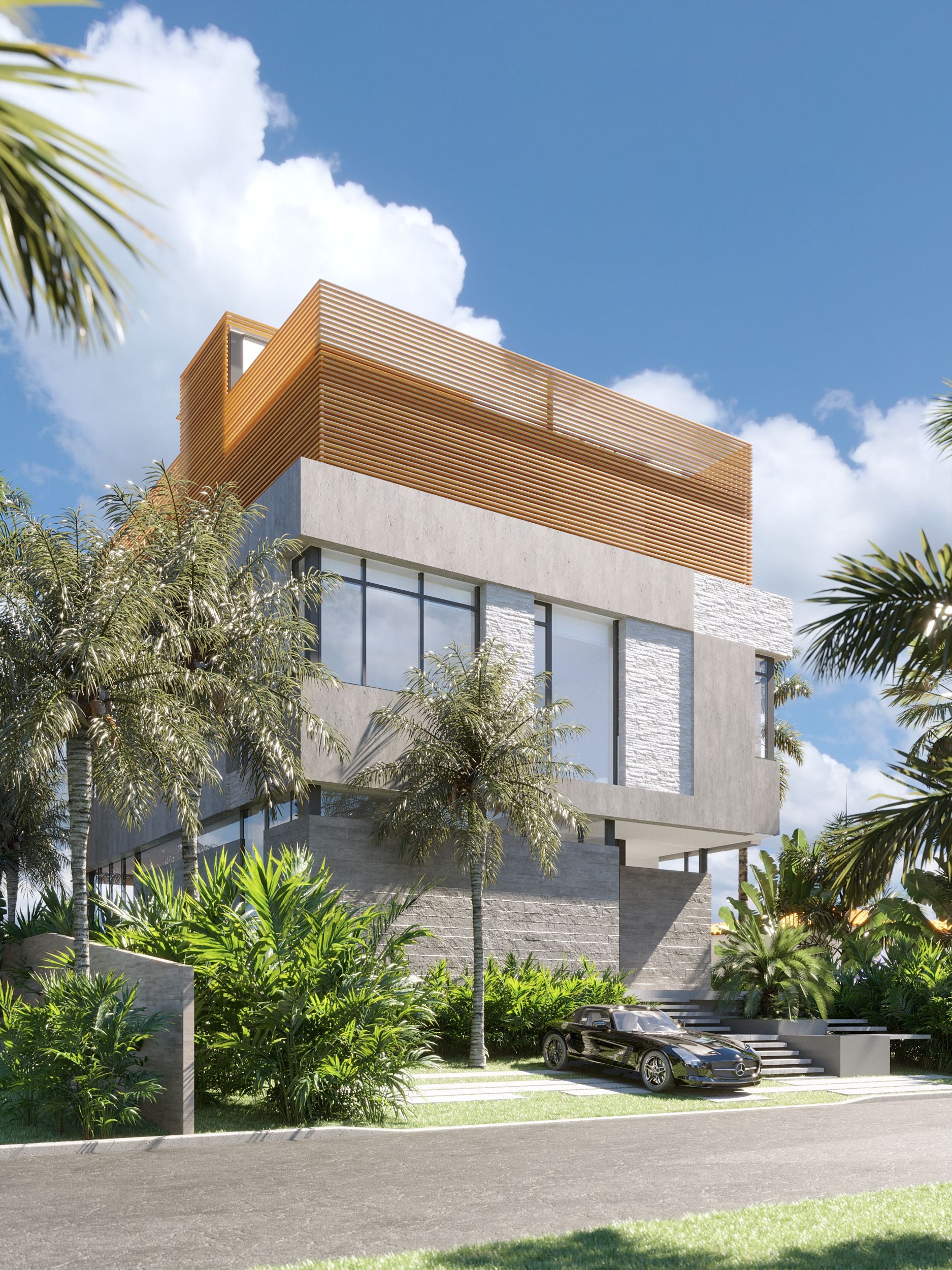 Modern multi-story building with wood-paneled top, concrete facade, glass windows, and a car in front.