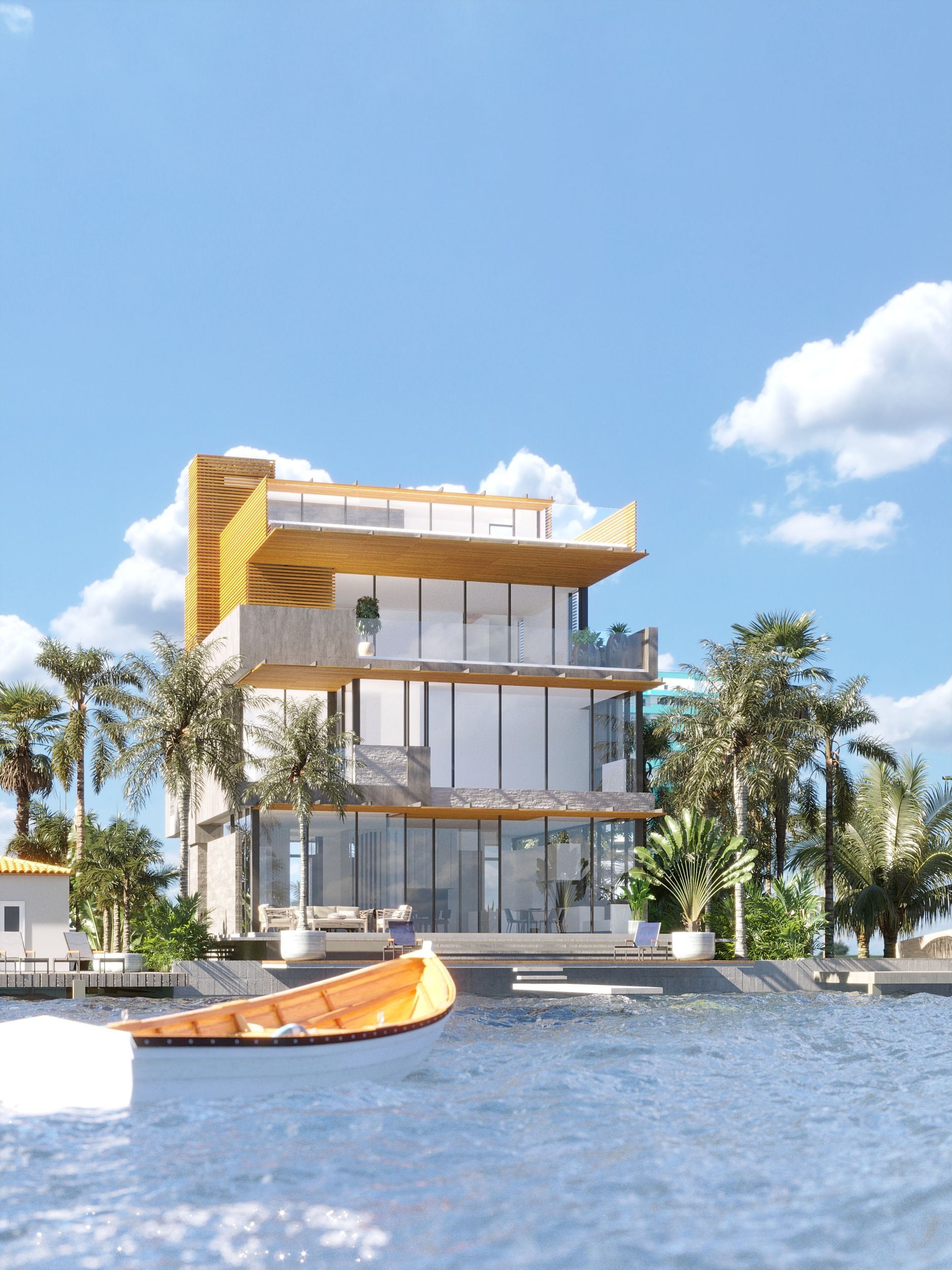 Modern multi-story house on water with a boat, blue sky, and trees.