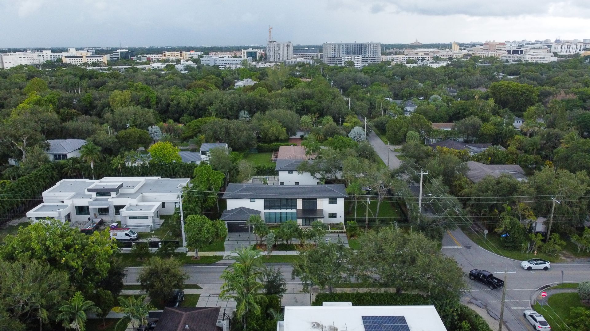Aerial view of suburban neighborhood with houses, lush trees, and a street.