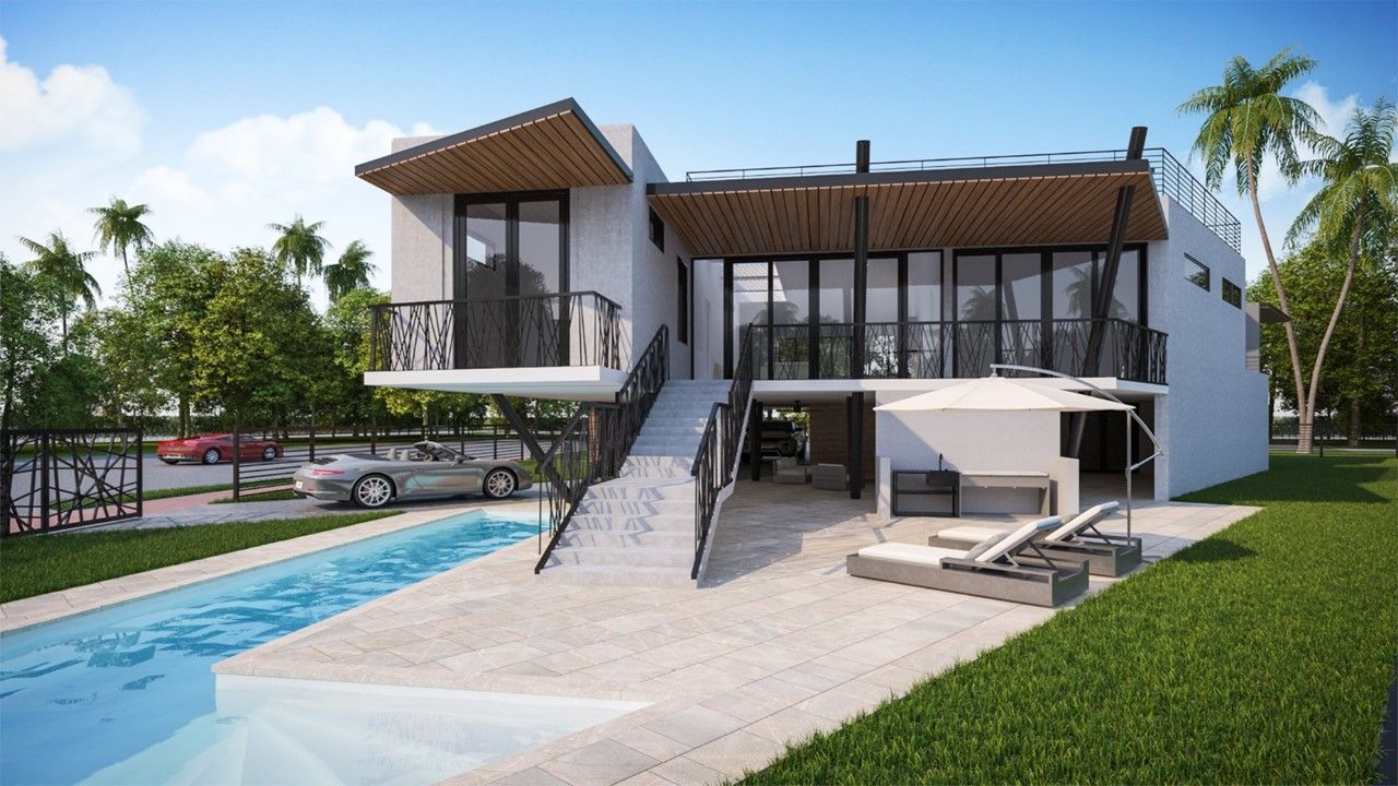 Modern white house with a pool and palm trees. Glass doors, deck, ramp, and two lounge chairs.