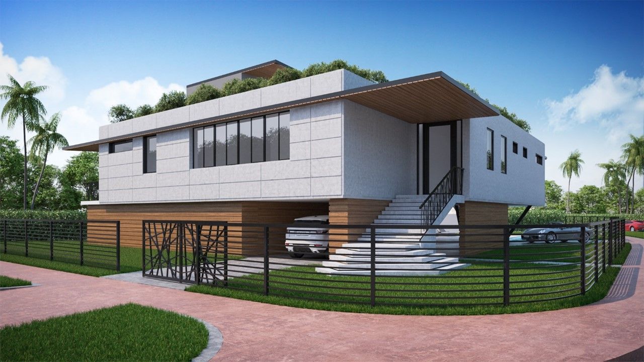 Modern house with carport, rooftop greenery, and elevated entrance. Black metal fence and palm trees surround.