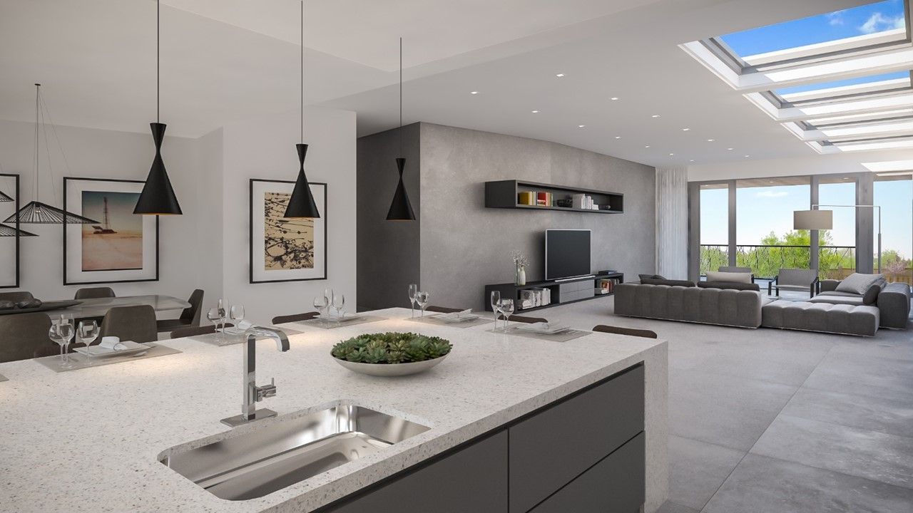 Modern open-plan kitchen and living room with island, dining area, and large windows. Gray and white color scheme.