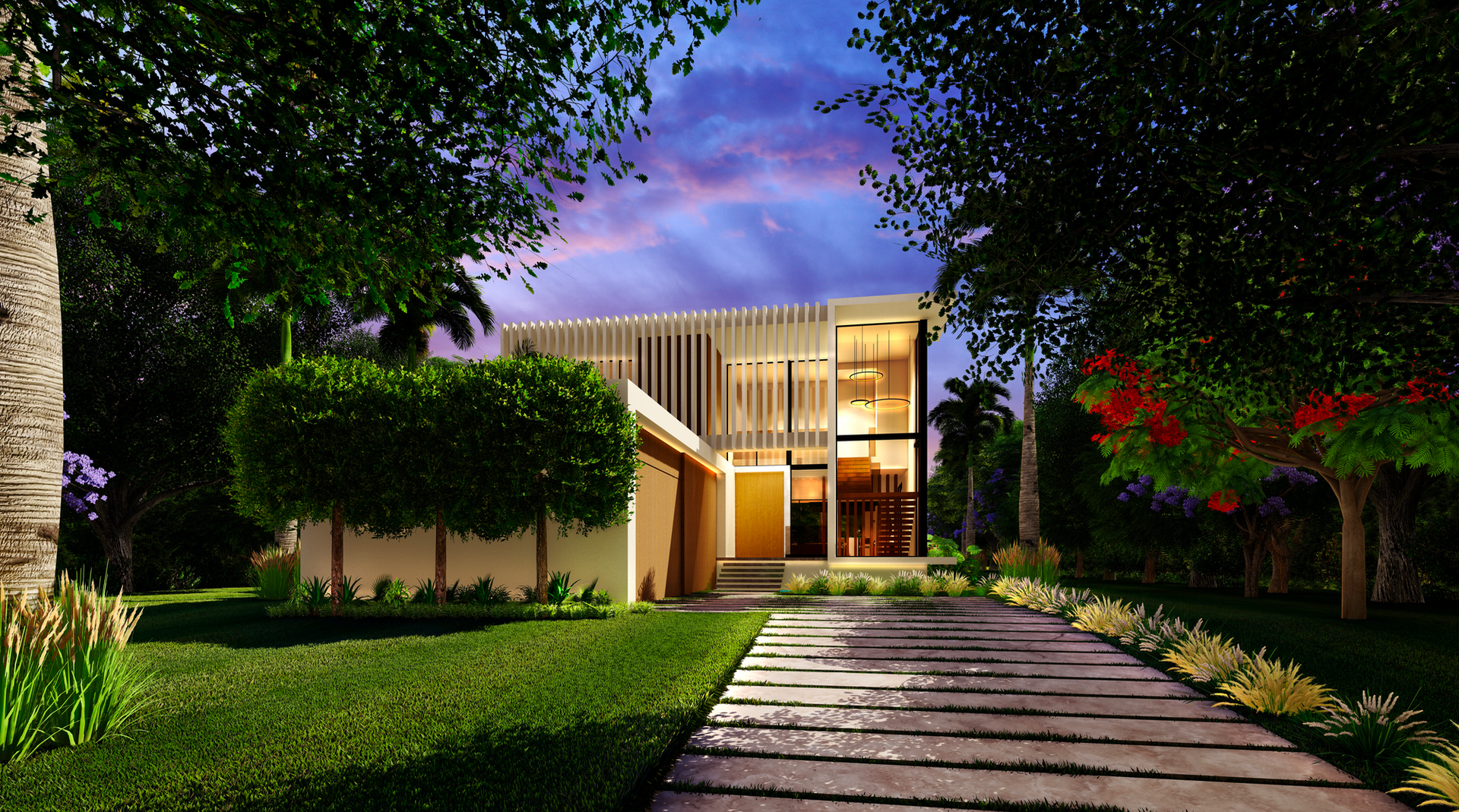 An artist 's impression of a modern house at night