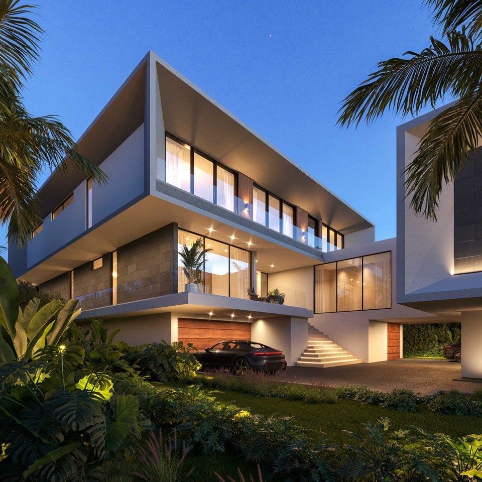 Modern two-story house with flat roof, large windows, and a car in the driveway, surrounded by lush green landscaping.