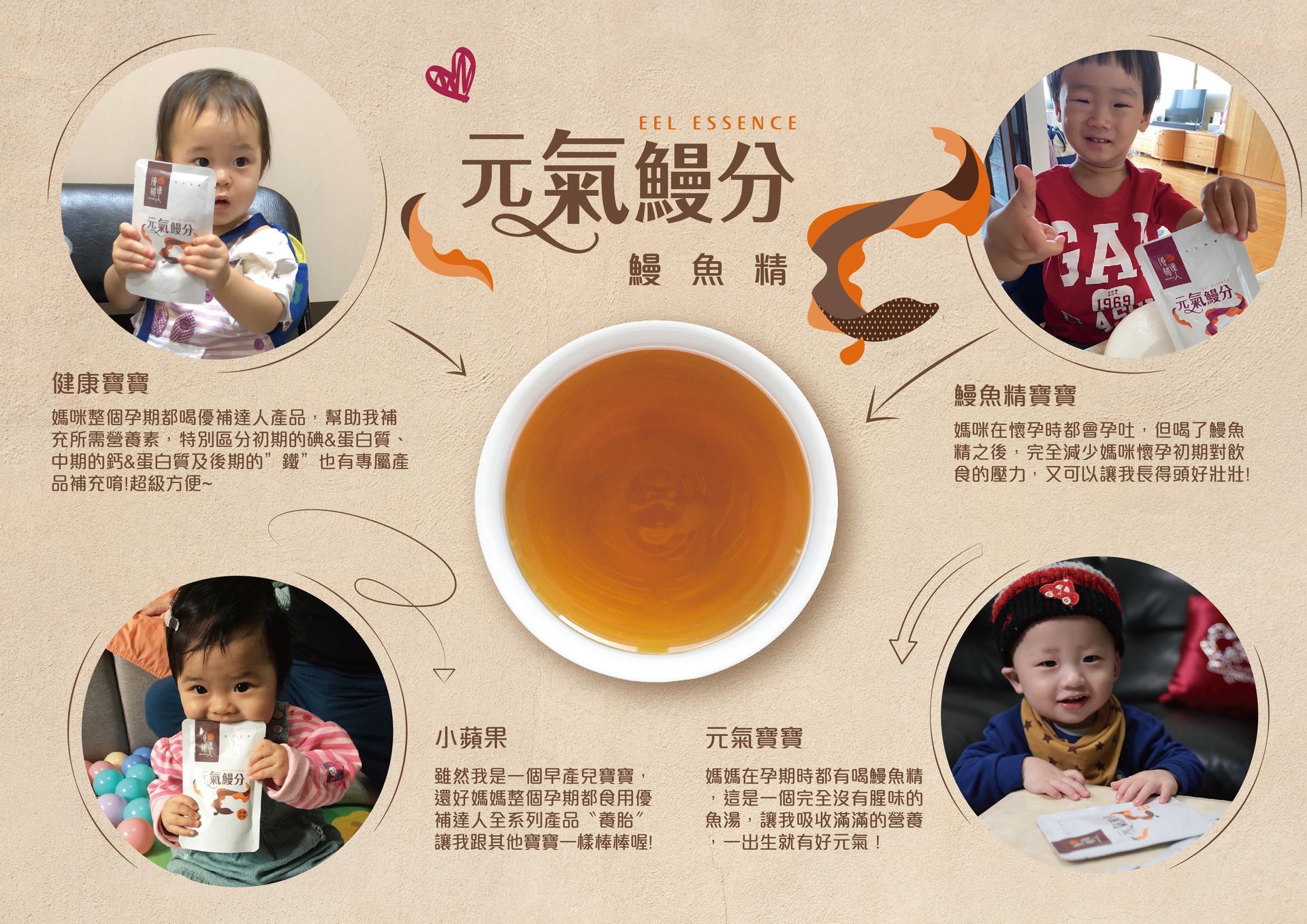 健康寶寶 媽咪整個孕期都喝優補達人產品，幫助我補充所需營養素，特別區分初期的碘&蛋白質、中期的鈣&蛋白質及後期的”鐵”也有專屬產品補充唷!超級方便 鰻魚精寶寶 媽咪在懷孕時都會孕吐，但喝了鰻魚精之後，完全減少媽咪懷孕初期對飲食的壓力，又可以讓我長得頭好壯壯 小蘋果 雖然我是一個早產兒寶寶，還好媽媽整個孕期都食用優補達人全系列產品〝養胎〞讓我跟其他寶寶一樣棒棒喔 元氣寶寶 媽媽在孕期時都有喝鰻魚精，這是一個完全沒有腥味的魚湯，讓我吸收滿滿的營養，一出生就有好元氣 
