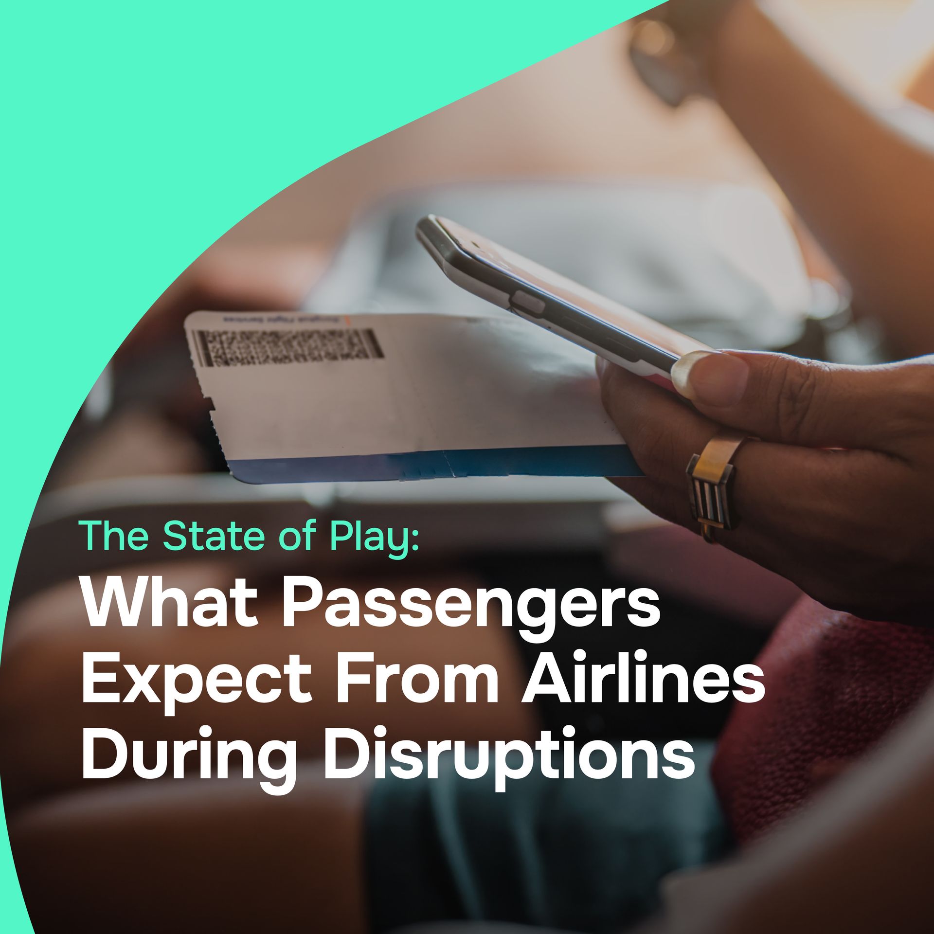 A smiling person on a train, next to someone with a hat. Title: What Passengers Expect From Airlines During Disruptions.