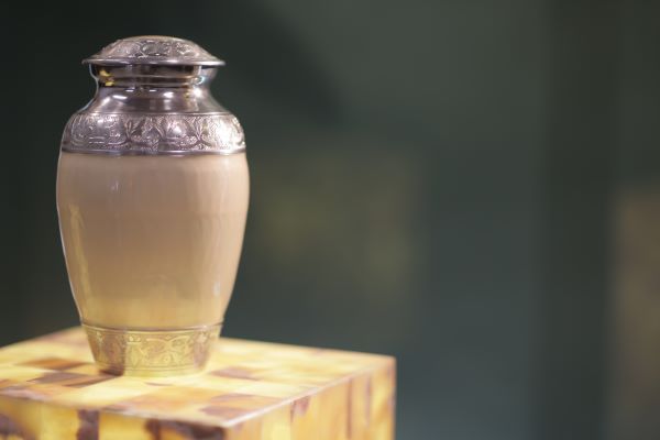 Small, silver-topped urn on a patterned pedestal. Beige body, green background.