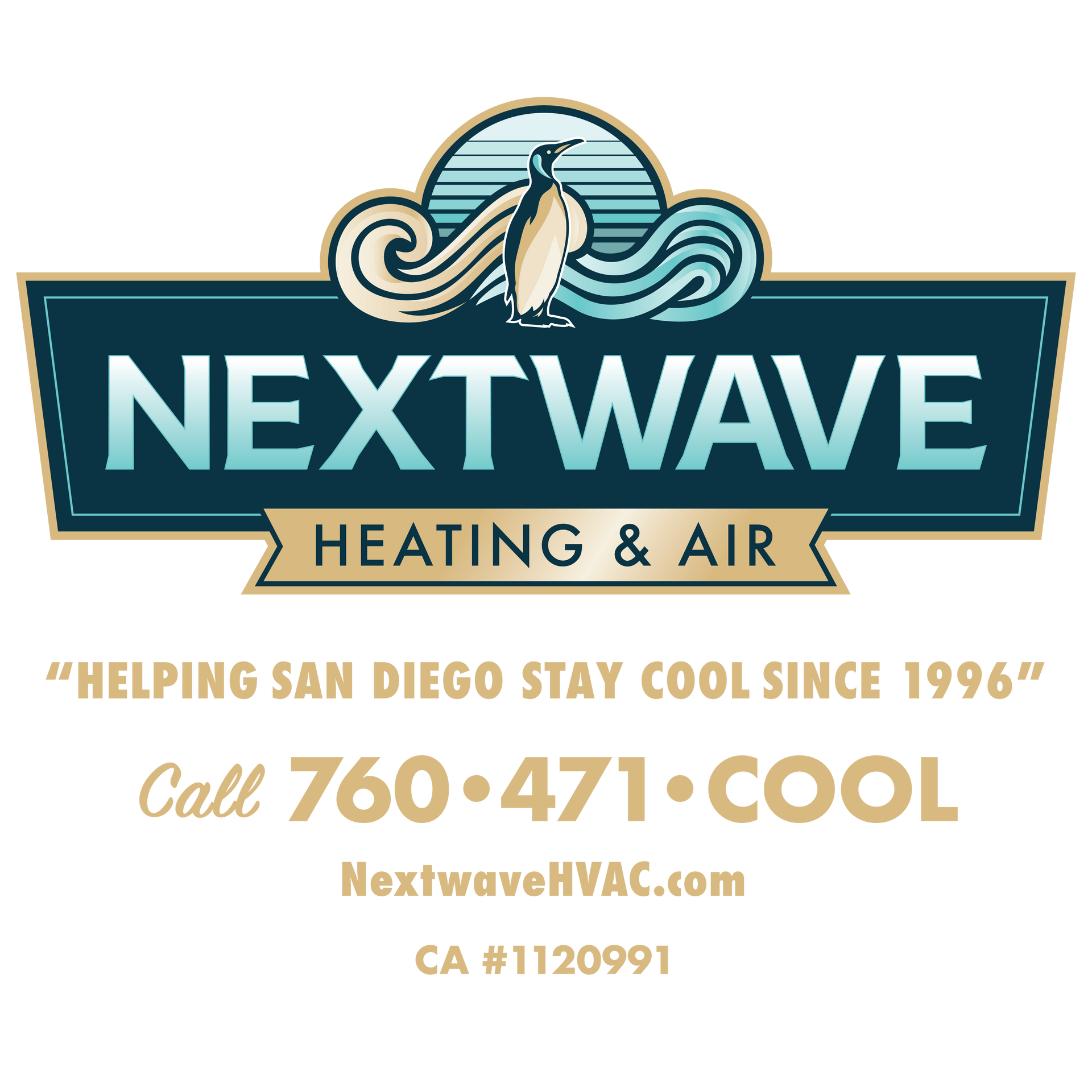 Logo for Nextwave Heating & Air, featuring a penguin, waves, and contact info.
