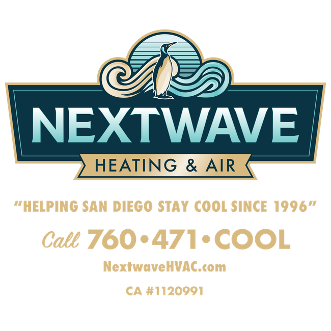 Logo for Nextwave Heating & Air, featuring a penguin, waves, and contact info.