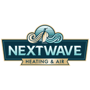 Logo for Nextwave Heating & Air: Penguin on stylized wave; teal and gold.