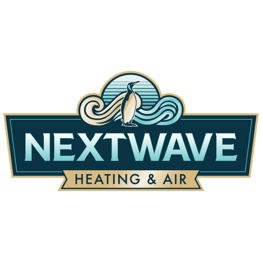 Logo for Nextwave Heating & Air: Penguin on stylized wave; teal and gold.