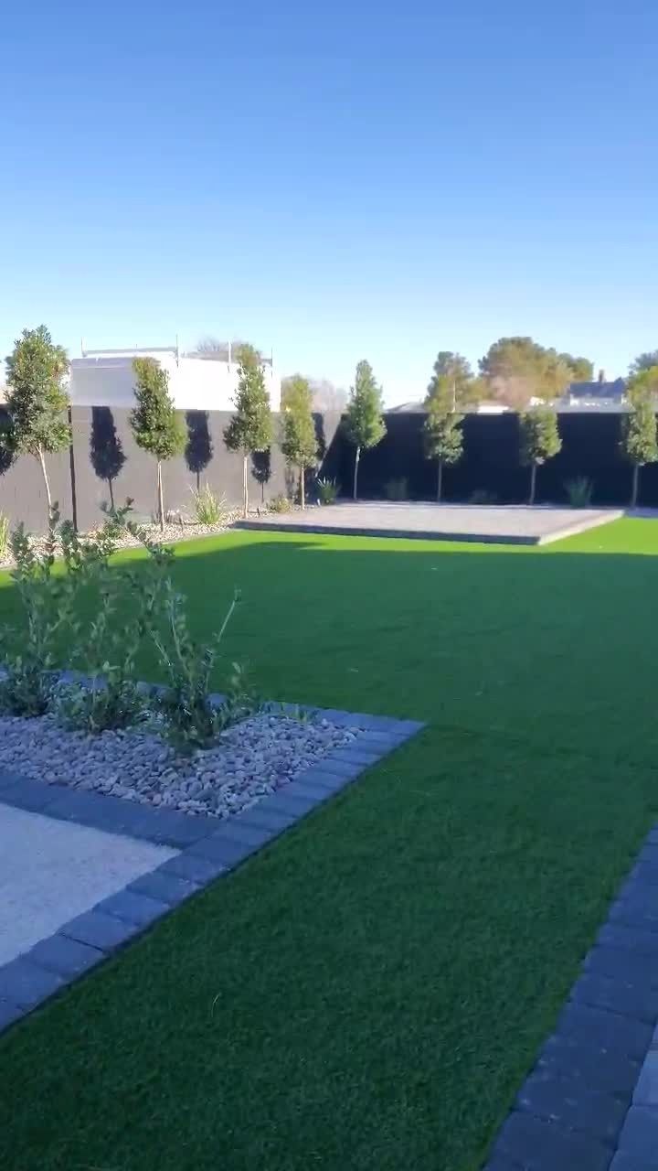 Green lawn with trees and a dark fence on a sunny day.